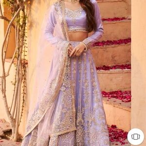 Periwinkle Net Zari Embroidered Lehenga Set